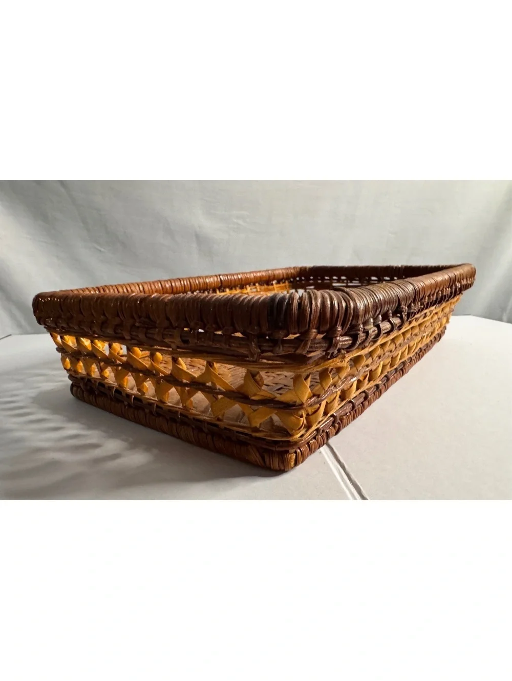 Handwoven Rectangular Rattan Basket Tray with Geometric Pattern